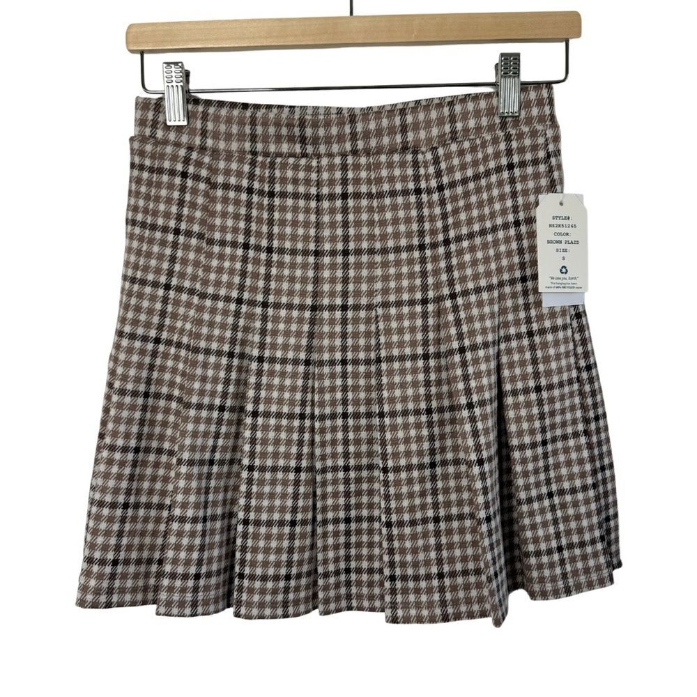 NWT Hippie Rose Girls S Brown Cream Gingham Pleated Varsity Skirt Academia